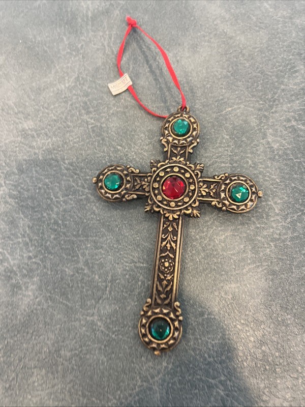 Vintage Brass Red And Green Gem Cross - Pendant Or Ornament