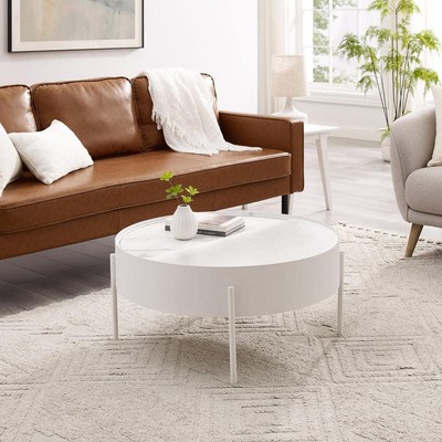 Welwick Designs 33 in. White/Faux Calcutta Marble Fluted Glass Round Metal Drum