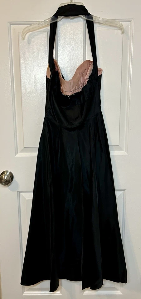 VTG 1950s SZ S Handmade black Satin acetate halter dress Pink Trim NEEDS REPAIRS - Image 4 of 4