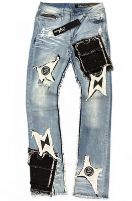 C'est La Vie Men's Distressed Pocket Stacked Paint Splatter Flare Jeans, W30 L36