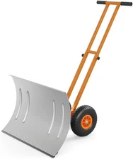 Wheeled Snow Pusher Shovel Metal Snow Plow With Angle Blade, Adjustable T-Handle