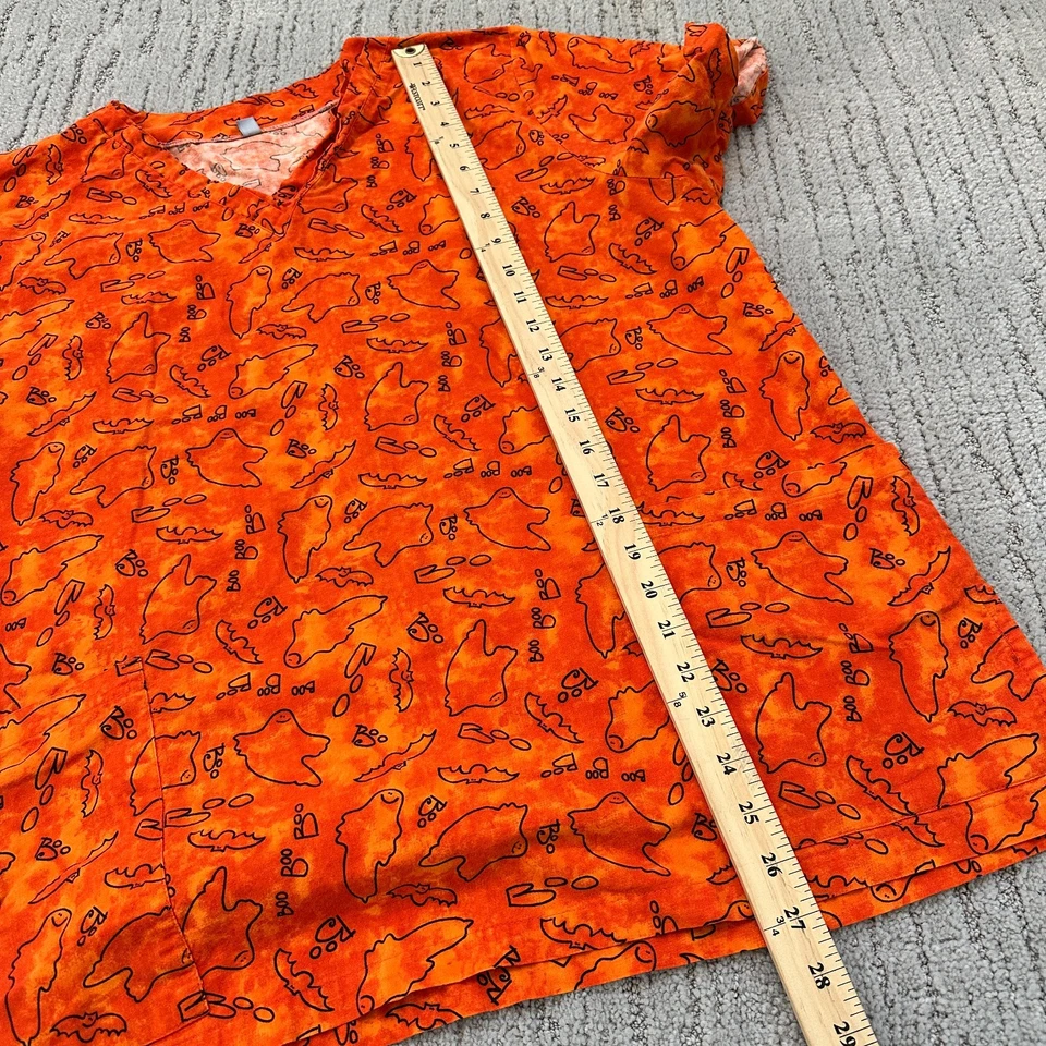 READ Halloween Pumpkin Ghost Bat Scrubs Lot of 2 Unisex Scrub Tops L/XL Orange - Image 4 of 4