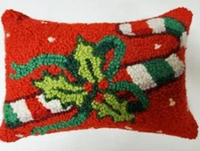 Peking Handicraft New Christmas Holly Candy Cane Hooked Wool Pillow 8 x 12