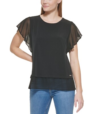 Calvin Klein L141011 Womens Black Chiffon Short Ruffle Sleeve Blouse Size S