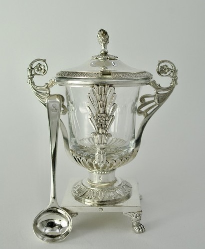 Antique French Sterling Silver Crystal Mustard Pot & Spoon with Handles 19th C - Picture 4 of 13