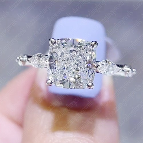 1.46 Ct Cushion & Marquise Cut Moissanite Engagement Ring 14k White Gold Plated