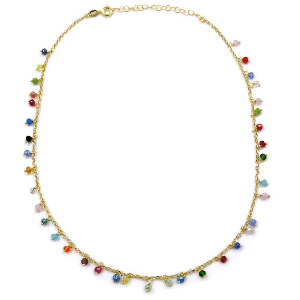 Collana in Argento 925 Placcato Oro Giallo con Zirconi Multicolore Pendenti - Immagine 3 di 4