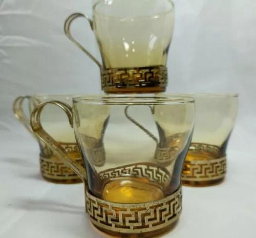 4 Vintage Libbey Amber Gold Glass Coffee Cups w/ Metal Handle Greek Key Design