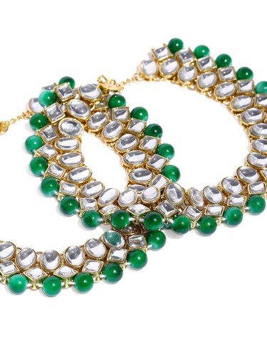 Bridal Indian Traditional Green Kundan Pearl Wedding Payal For Women (2 Anklets) - Picture 2 of 4