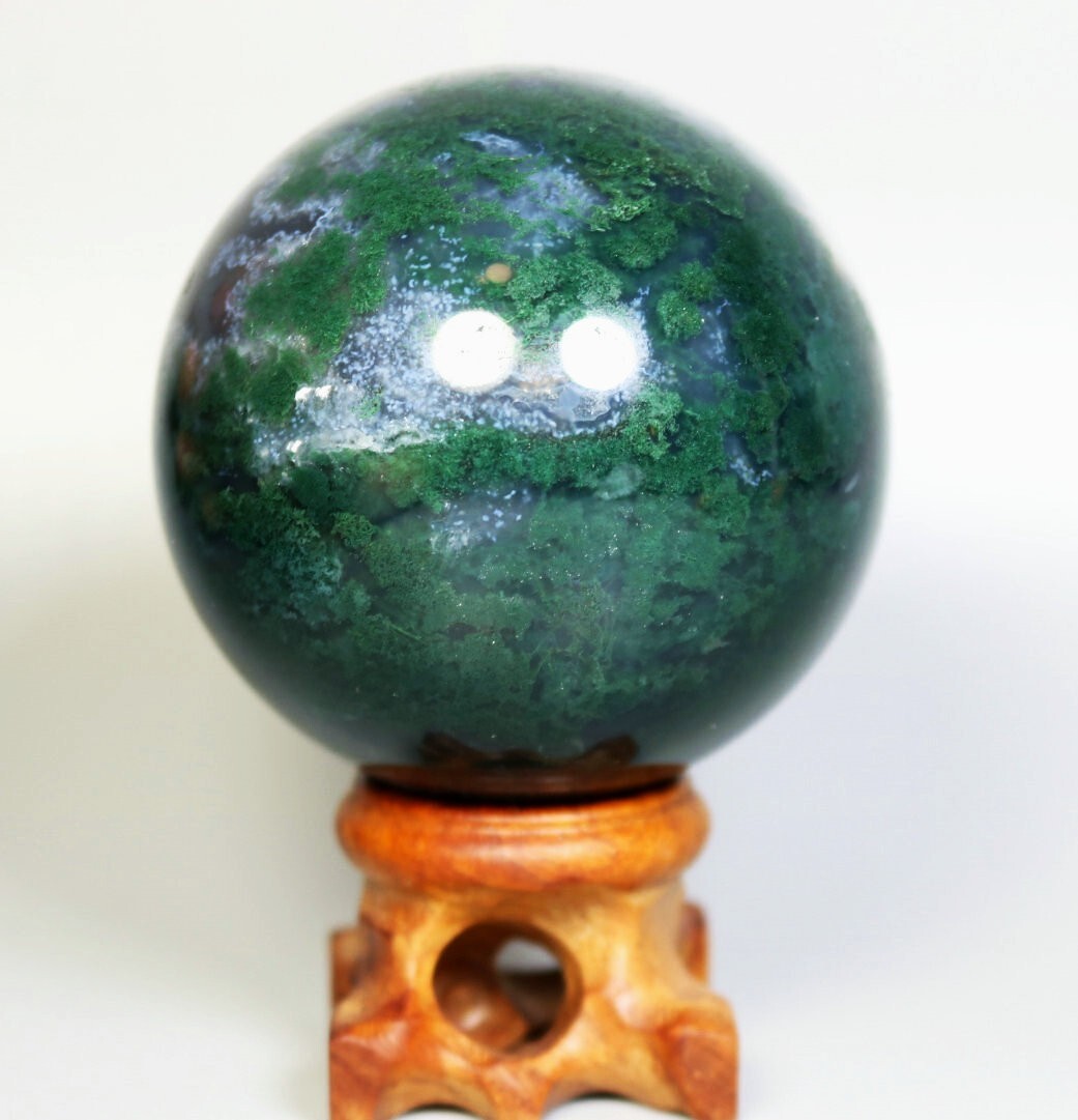 Natural Moss Agate Quartz Crystal Stone Sphere Ball Mineral Specimen / Stand