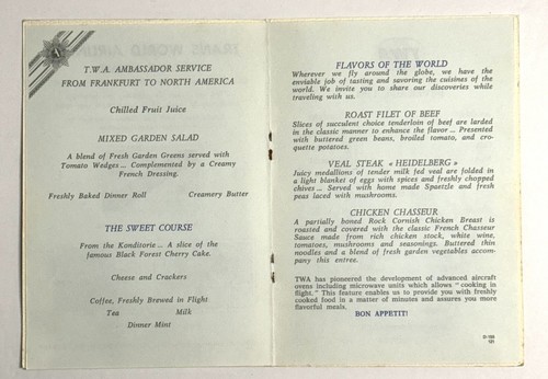 Menu volo TWA Trans World Airlines vintage anni 50 dalla Germania agli USA - Foto 5 di 9