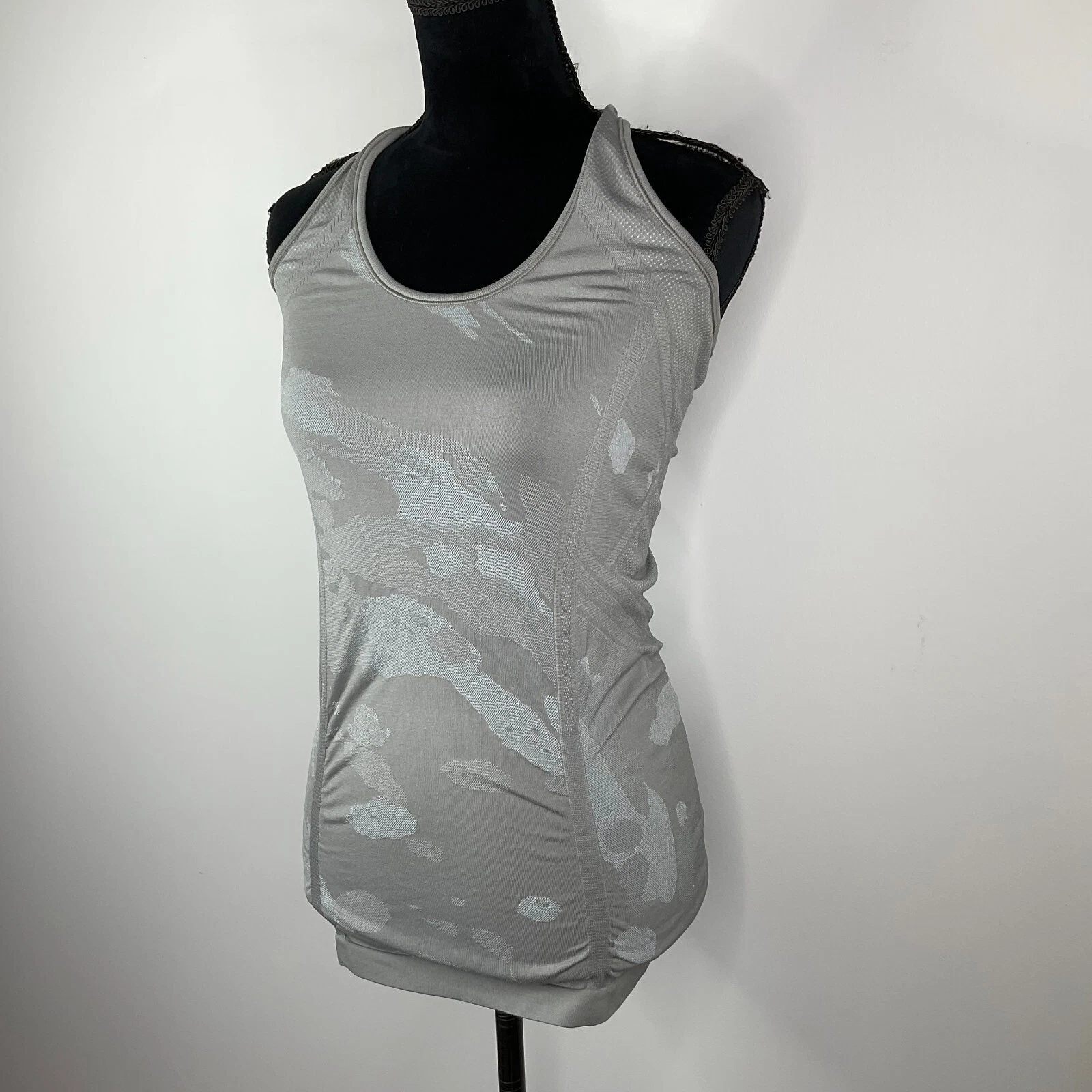 athleta top active fastest track camo cobblestone racerback shirt