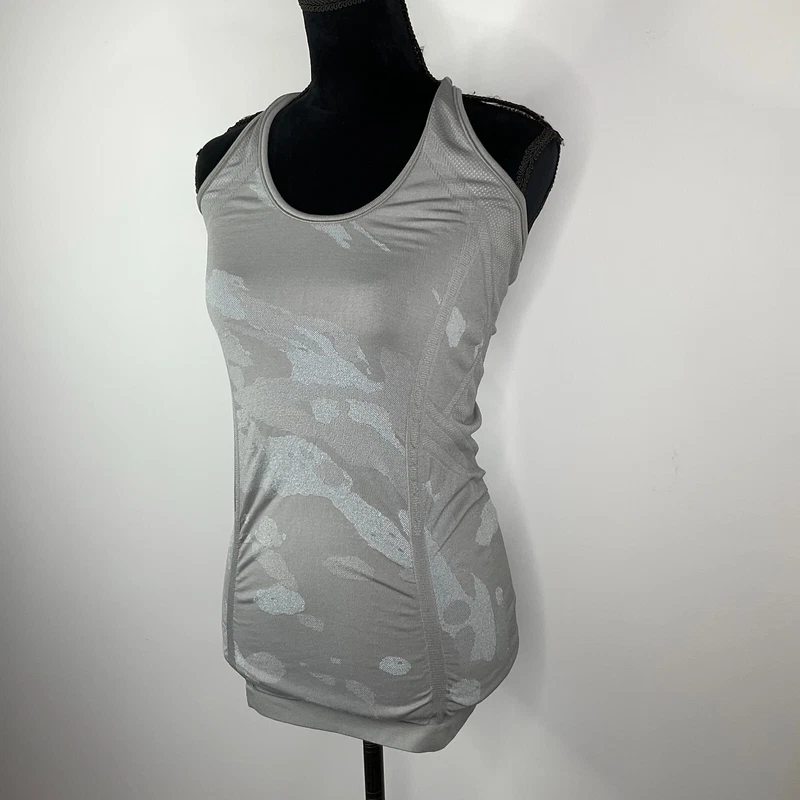 athleta top active fastest track camo cobblestone racerback shirt
