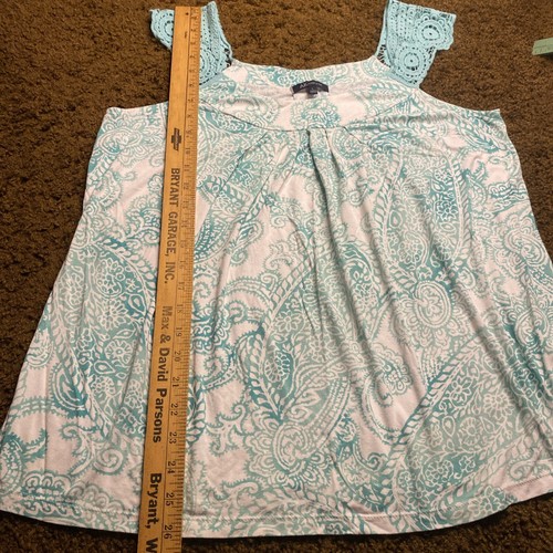 Anne Klein Sleeveless Top Lace Shoulders Paisley Size Large Teal Green Blue EUC - Picture 6 of 11