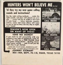 1968 Print Ad Johnny Stewart Hunting Game Calls Bucks,Crows,Foxes Waco,Texas