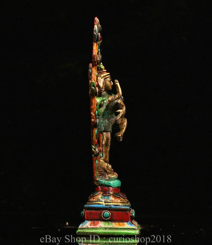 9.6"Old Tibet Copper Inlay Turquoise Gem Shiva Nataraja King Dance Buddha Statue - Image 4 of 4