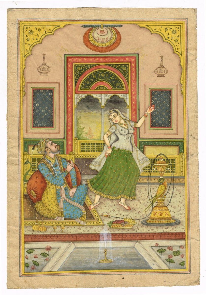 Indian Miniature Painting Of Emperor Shah Jahan Enjoying Lady