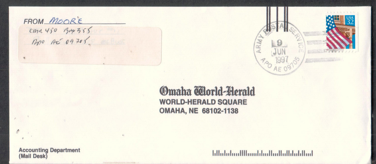 1997 military cover CMR 450 APO AE 09705 to Omaha World