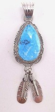  Navajo Handmade Kingman Turquoise Pendant Set In Sterling Silver- A. Martinez