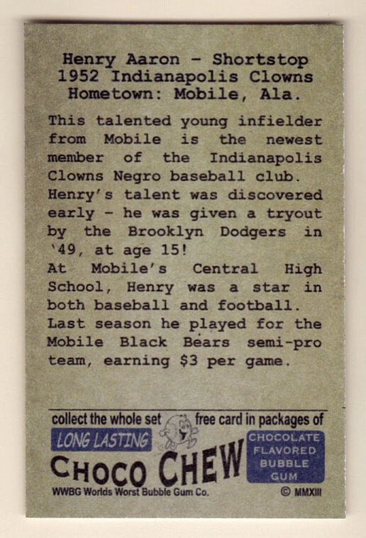 HANK AARON, '52 INDIANAPOLIS PAYASOS LIGA NEGRA / TARJETA DE GOMA DE CHOCOLATE / CASI NUEVO+ Foto 2 de 2