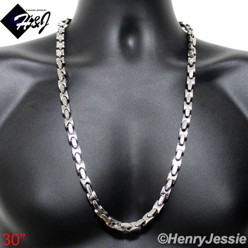 18" -40" HERREN Edelstahl SCHWER 8mm Silber Interlock Knochen Gliederkette Halskette - Bild 5 von 6
