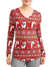 NO BOUNDARIES CHRISTMAS LLAMA BRUSHED LONG SLEEVE V-NECK TEE S(3-5) NWT [CHR24]
