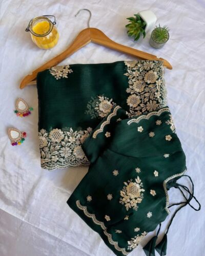 Indian Designer Wedding Bridal Saree Green Berberry Silk Embroidery Work Saree - Picture 1 of 4