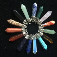 10Pcs Silver Plated Long Hexagonal Natural Gemstone Pointed Reiki Chakra Charm