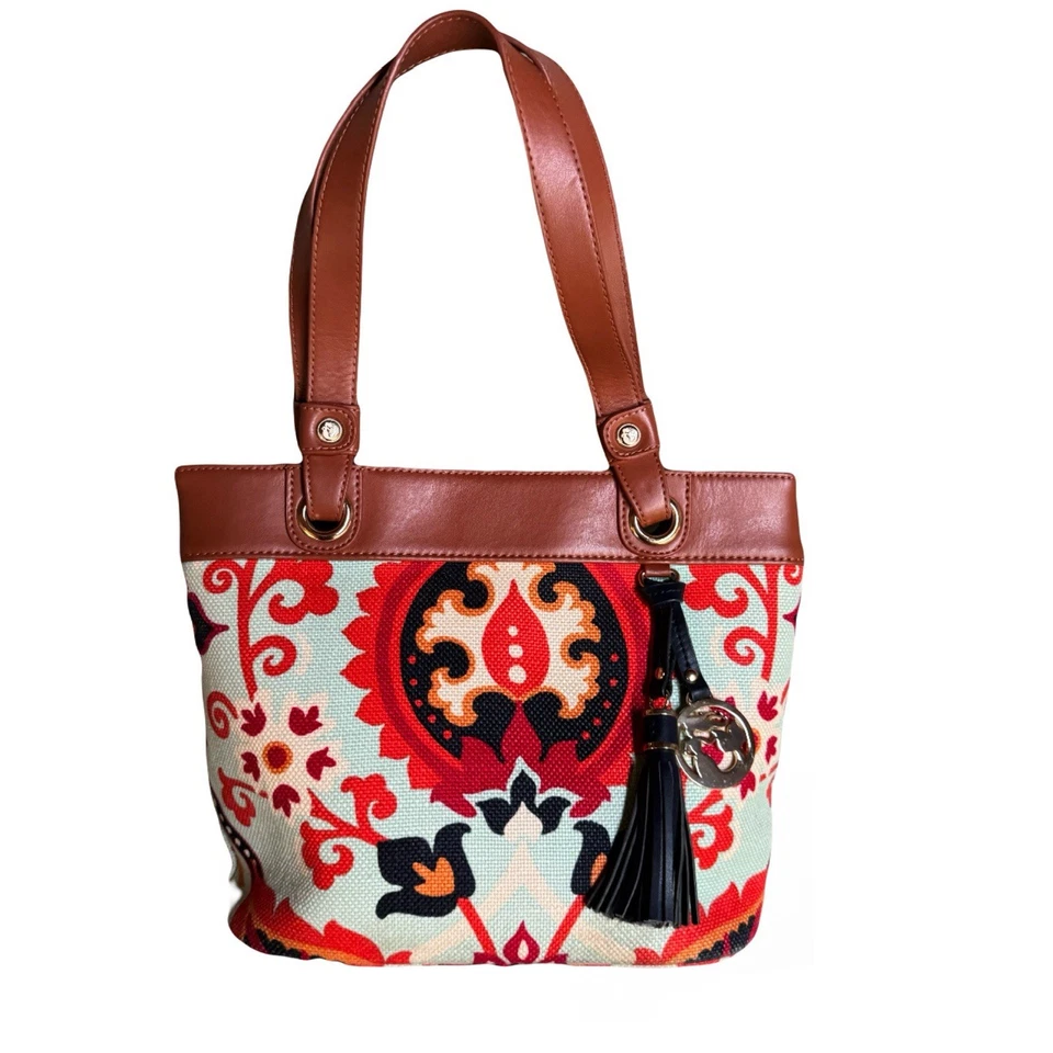 🌟Spartina 449 Bolso de Mano y Cartera de Día para Niña Waving Rojo Azul Blanco Lino y Cuero Usado en Excelente Condición Foto 2 de 4