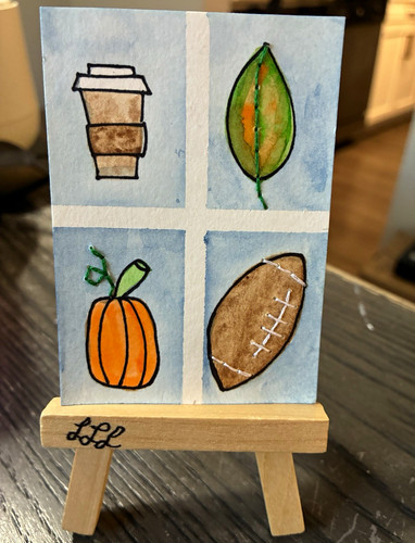 ACEO Original "Fall Things" Embroidered Watercolor 2026 Pumpkin, Leaf, Latte