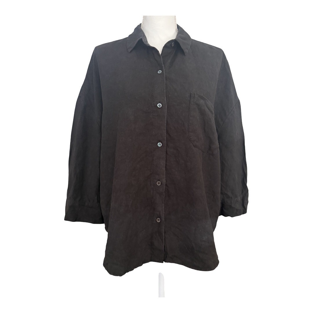 Jenni Kayne 100% Linen Button Down Shirt Black Relaxed 3/4 Sleeve Womens L