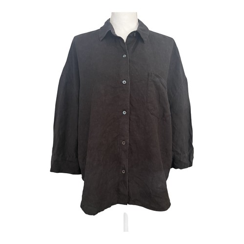 Jenni Kayne 100% Linen Button Down Shirt Black Relaxed 3/4 Sleeve Womens L