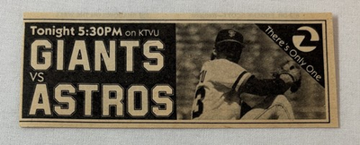 #ad 1980 KTVU tv baseball ad GIANTS vs ASTROS $5.99