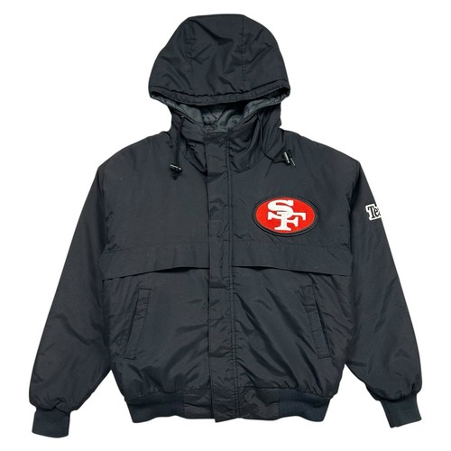 VTG 90s NFL SAN FRANCISCO 49ERS CHALK LINE PUFFER JACKET HOODIE BLACK SIZE S - Picture 2 of 7