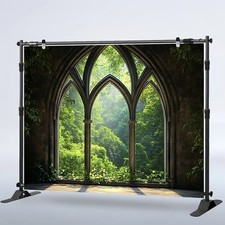 2D Flat Printing 1pc, Gothic Arch Window Tapestry, Spring Forest View, Woven Wal