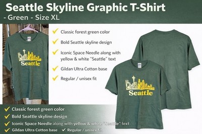 Gildan Ultra Cotton Seattle Skyline Green Crew Neck Men's T-Shirt XL
