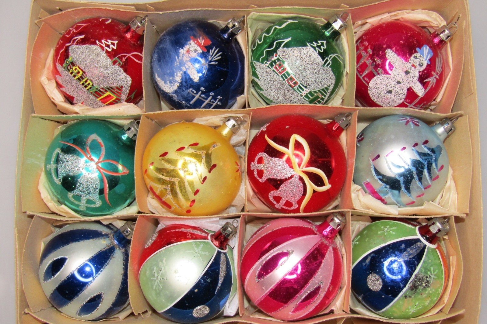 Lot VTG Glass Pictured SNOWMAN HOUSE TREE HARLEQUIN BALL Christmas Ornaments