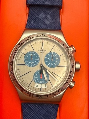 NIB Rare Swatch Irony BLAU ME ON Chrono Watch 43MM YVS435