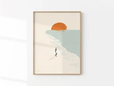 Surf and Sunset Print – Beach Wall Art, Surfboard & Surfer Retro Poster