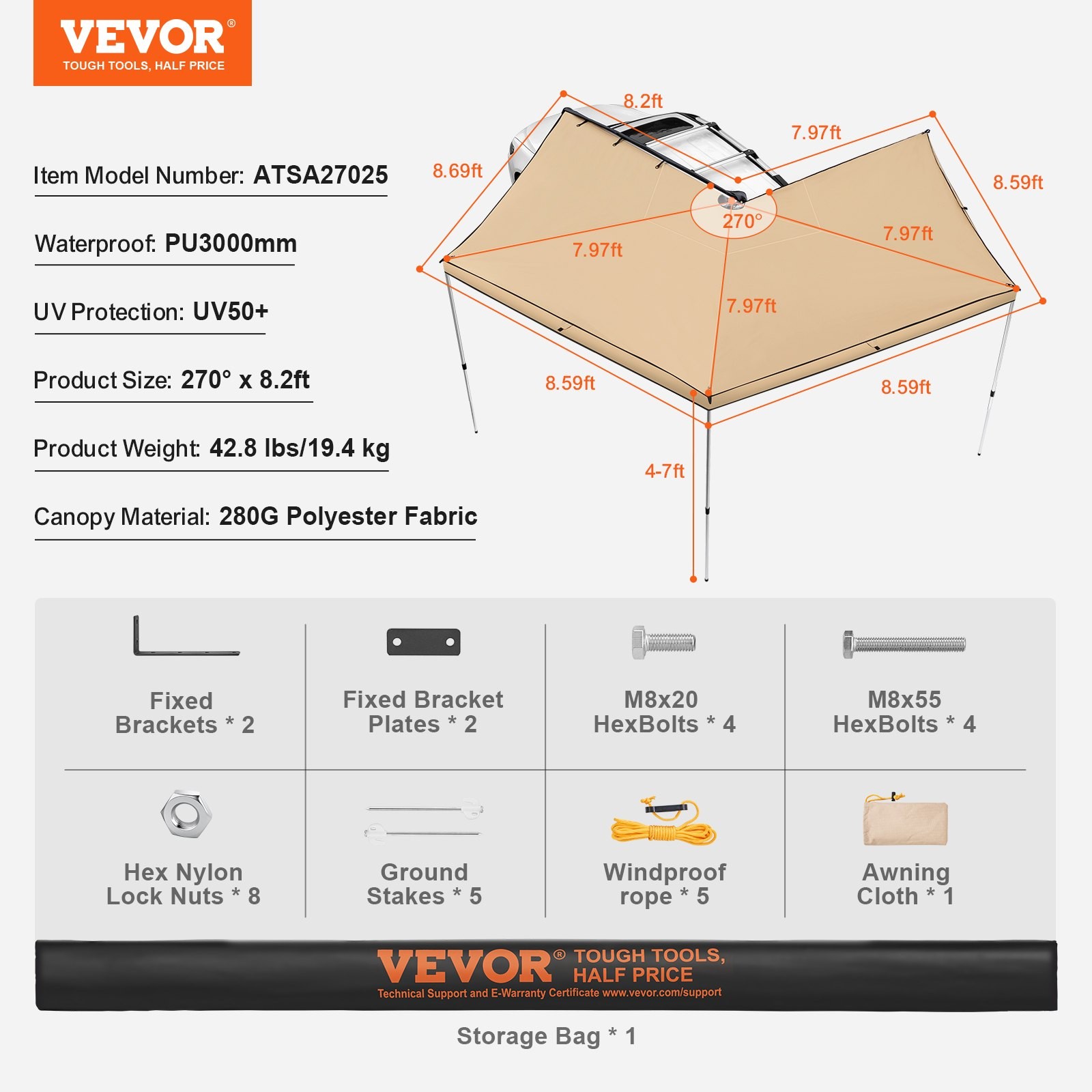 VEVOR Vehicle Awning 270 Degree, 8.2' Height Retractable Car Side Awning, PU3000