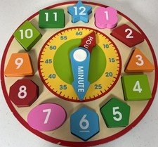 Wooden Educational Clock Puzzle Shape Sorter Telling Time Numbers Colors Kids