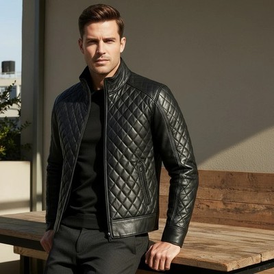 Leather Jacket Men Cafe Racer New Motorcycle Dimond Quilted Stylish Leather Coat