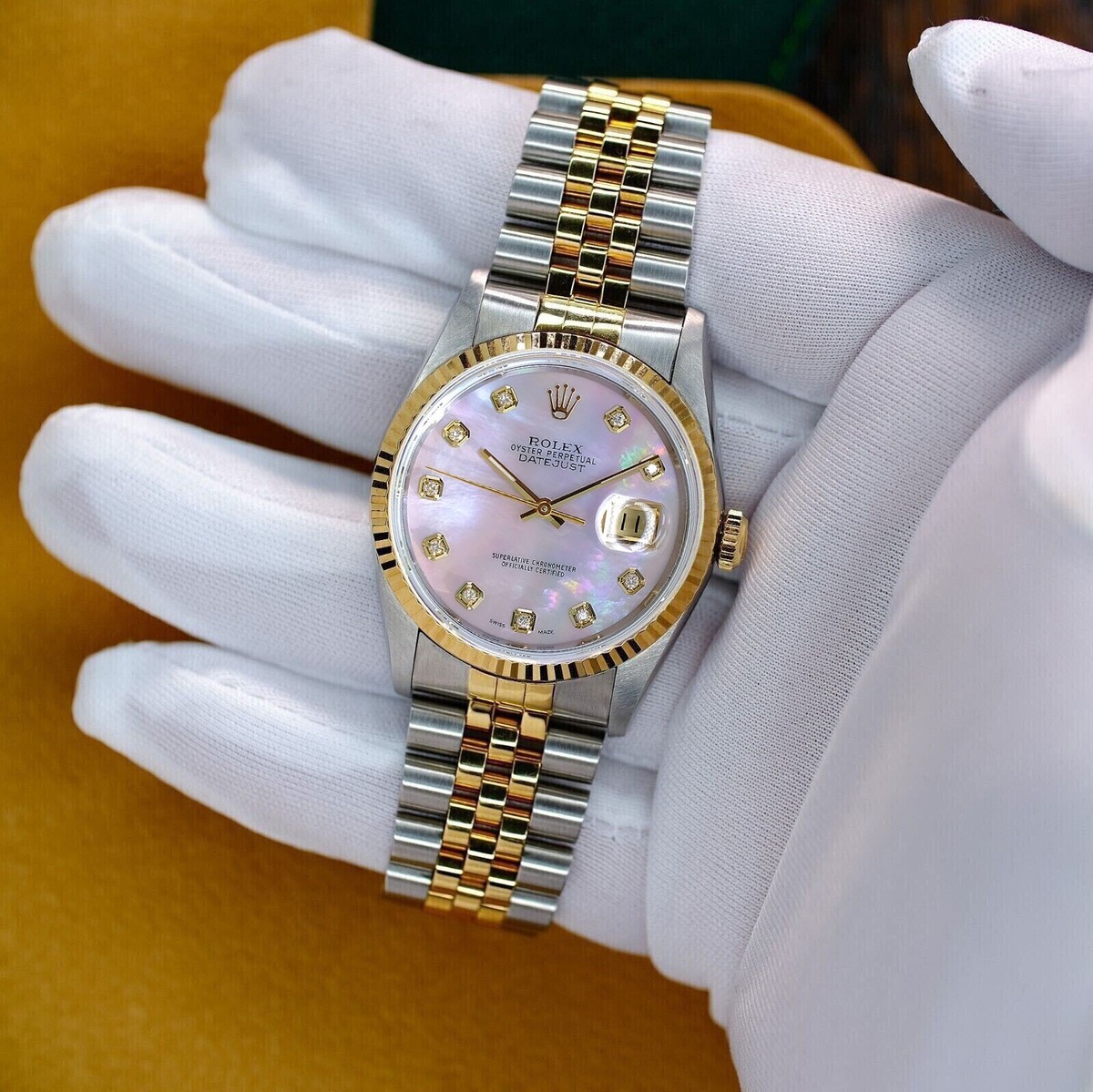 S★M★S Rolex Mens Datejust 16233 18KS SS Pink Mop Diamond Dial
