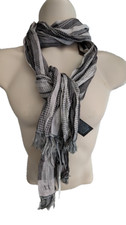 Z ZEGNA Mens Fringe Scarf silk Cotton Gray Crinkle Lightweight Italy 12.5" X 68"