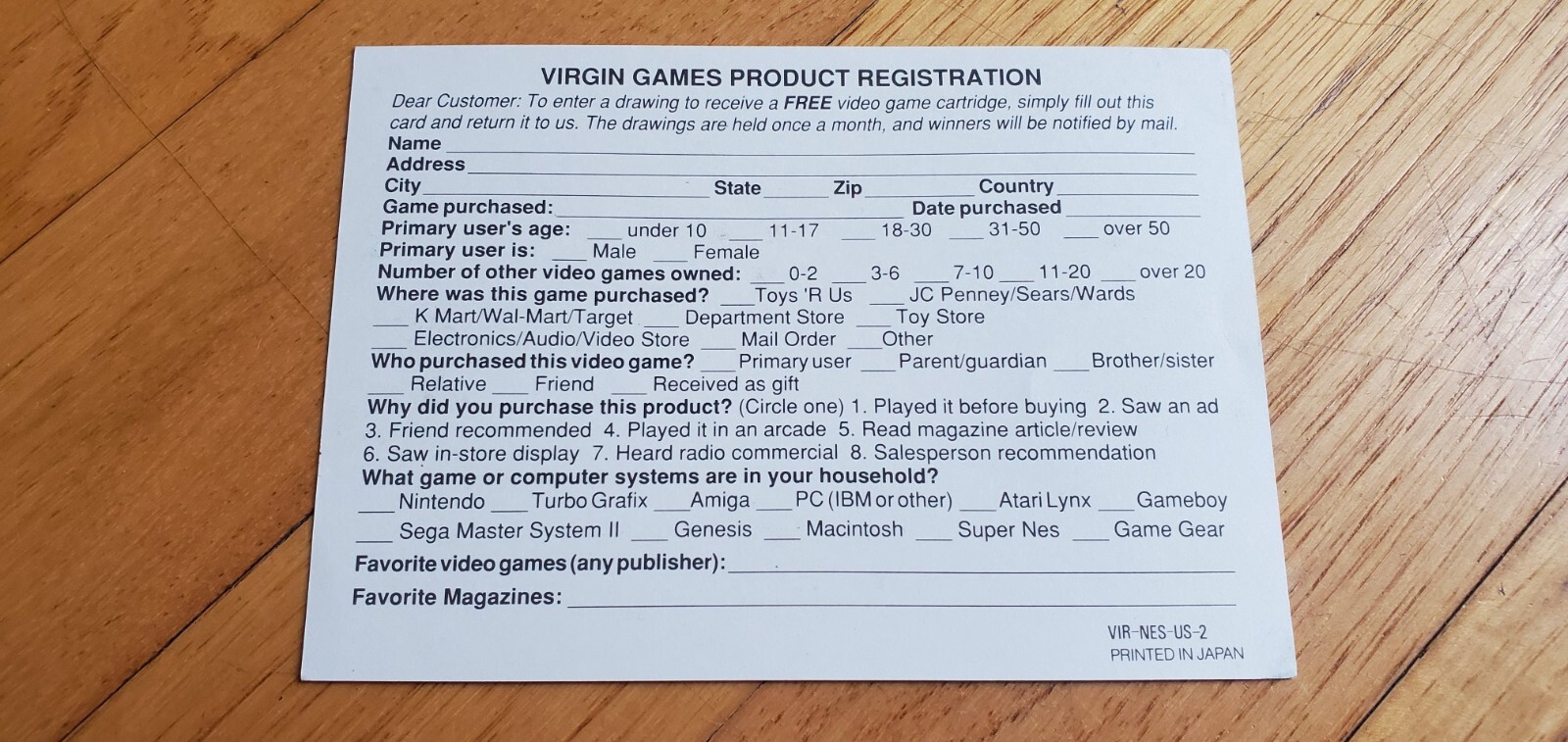 Nintendo NES Virgin Games Registration Card -2 Color a Dinosaur VIR-NES-US-2 !!!
