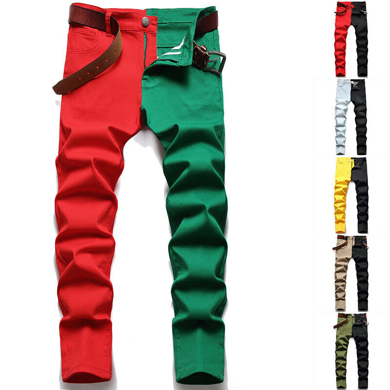 Mens Two Tone Splice Denim Pants Multi Colors Jeans Trousers Mens Two Tone Splice Denim Pants Multi Colors Jeans Trousers