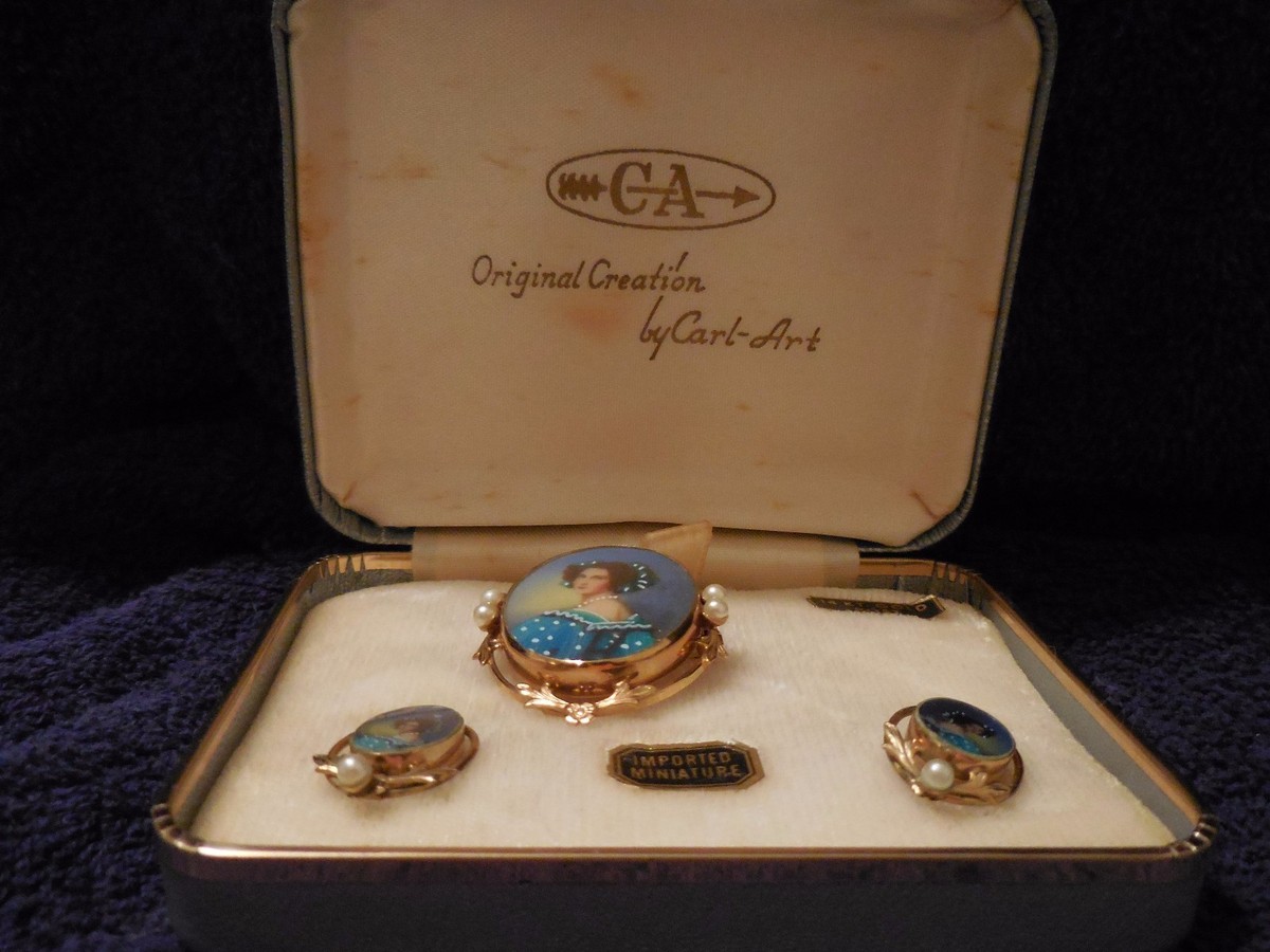 Carl Art Imported Miniature Cameo Brooch and Earrings set, Vintage