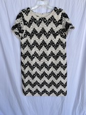 Talbots chevron shift dress shirt sleeve crocheted overlay cream black size 10P