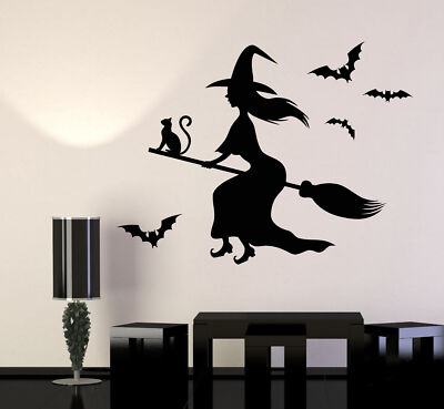 Vinyl Wall Decal Witch Black Magic Cat Besom Halloween Stickers (980ig ...