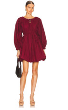 ULLA JOHNSON MARTINE LONG PUFF SLEEVE BORDEAUX MINI COTTON POPLIN DRESS 2